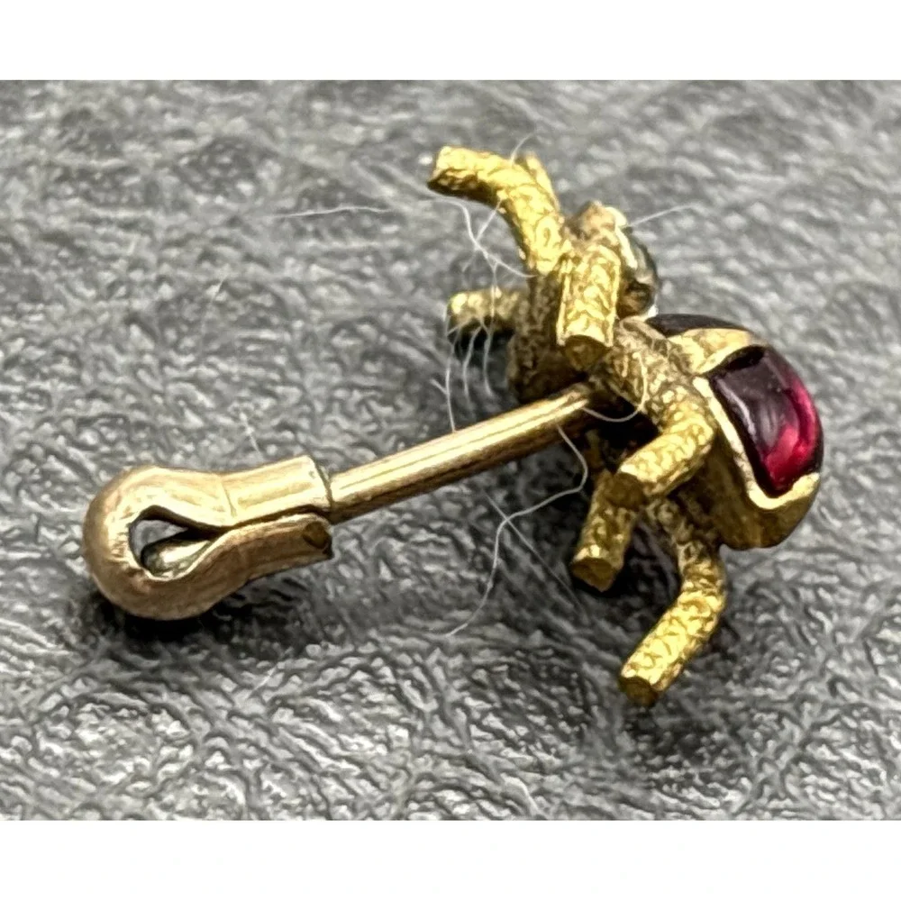 Vintage Victorian Tiny Beetle Bug Lapel Tie Tack Pin Red Cabochon Crystal